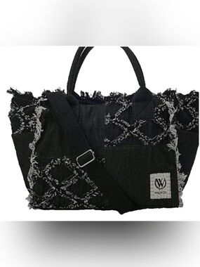 Wild Fox Handbag Black Fringe-Trim Tote Bag with Adjustable Strap